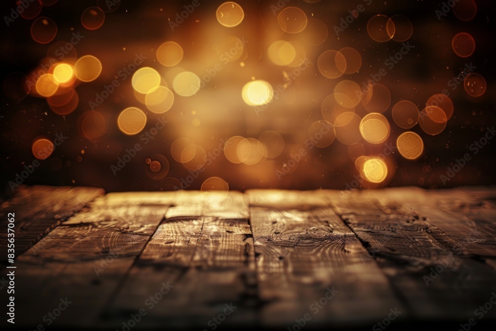 Poster blurred background with wooden table and light spots. bokeh effect.