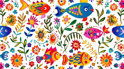 Seamless pattern with fish. Lovely, pretty pattern of fish and flowers, leaves. for fabric, silk, printing.