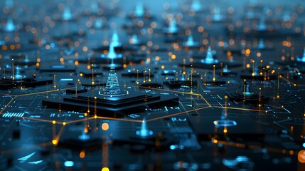 Futuristic Cityscape with Glowing Digital Network and Technology