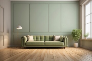 Fototapeta premium Interior home of living room with green sofa and plants on empty green wall, hardwood floor