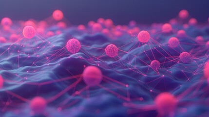 Abstract Digital Orbs and Geometric Wave Pattern in Vibrant Purple and Pink Colors