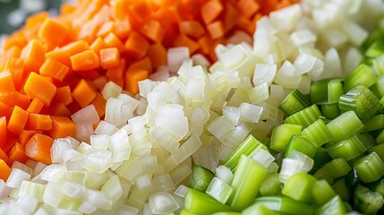 Close-up of finely chopped onions, carrots, and celery arranged in neat piles, isolated on a white background, studio lighting