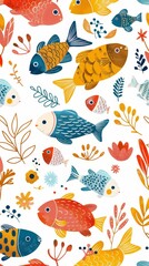Seamless pattern with fish. Lovely, pretty pattern of fish and flowers, leaves. for fabric, silk, printing.