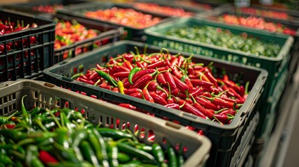 Fototapeta premium Close-up of crates packed with assorted chili peppers in various shades of red and green, ready for export