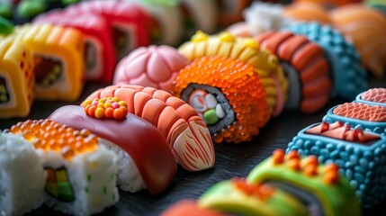 Close-up of a vibrant plasticine sushi platter with colorful rolls, delicate details, and realistic textures