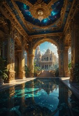 Golden Hallway with a View of a Palace Reflecting in a Pool