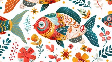Fototapeta premium Seamless pattern with fish. Lovely, pretty pattern of fish and flowers, leaves. for fabric, silk, printing.