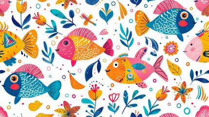 Obraz premium Seamless pattern with fish. Lovely, pretty pattern of fish and flowers, leaves. for fabric, silk, printing.