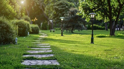 Green lawn with cement block footpath and lamp posts