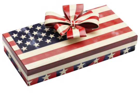 A red, white, and blue box with a bow on top of it