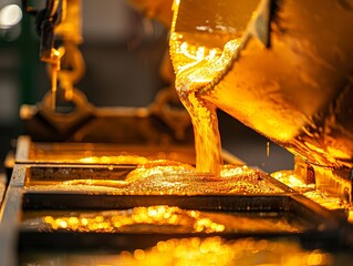 Gold refinery pouring molten gold into molds, liquid flow, front view, illustrating refining process, advanced tone, Complementary Color Scheme