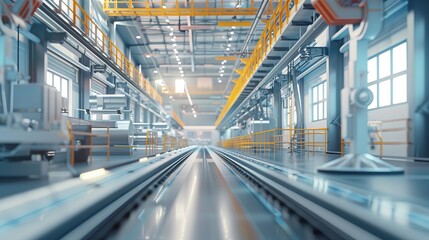 A modern factory with automated lines for cold formed steel, front view, illustrating efficiency in production, futuristic tone, colored pastel