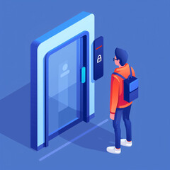 Isometric of a man standing in front of access control