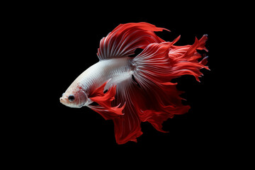 Fototapeta premium Red white siamese fighting fish on black background. Betta fish