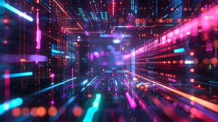 Fototapeta premium Futuristic Neon Corridor with Vibrant Lights and Geometric Patterns