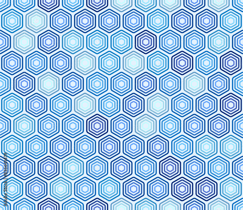 Poster honeycomb hexagon cells background. blue color tones gradients. bold stacked rounded hexagons mosaic