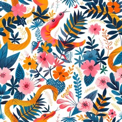 Obraz premium Seamless pattern with snake. Lovely, pretty pattern of snake and flowers, leaves. For fabric, silk, printing.