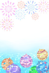 花火とヨーヨー　暑中見舞い　和　和風　素材　枠　打ち上げ花火　水風船　夏祭り　風物詩　屋台　露店　ヨーヨー釣り　ヨーヨーすくい　おしゃれ　キラキラ　シンプル　お中元　ポスター　縦長