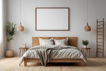 Interior home of bedroom with blank frame poster mock up and wooden bed on white wall copy space