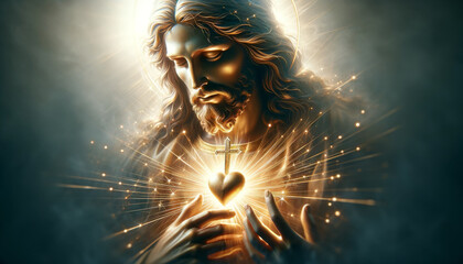 A divine depiction of a sacred figure holding a radiant heart with a cross, emanating light and spiritual energy.