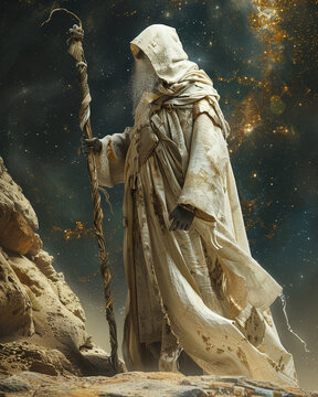 Sage archetype in ancient robes, holding a staff, set against a mystical background with ample copy space.