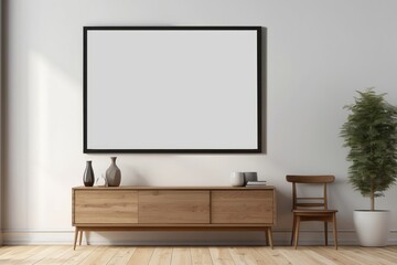 Interior home of living room with blank poster frame mock up on wooden cabinet on white wall