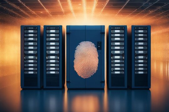 3d illustration of computer server room with golden data center - Powered by Adobe