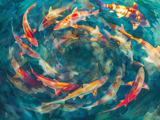 Sharks circling in kaleidoscopic formation, dynamic motion, side view, mesmerizing predator dance, cybernetic tone, Analogous Color Scheme