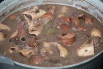 Traditional and irresistible Brazilian feijoada closeup