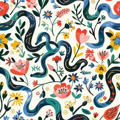 Naklejka premium Seamless pattern with snake. Lovely, pretty pattern of snake and flowers, leaves. For fabric, silk, printing.