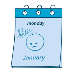 Calendar sheet with inscription monday January and hand drawn lettering blue and sad smiley face