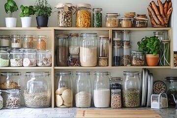Modern pantry with organized glass jars containing various food ingredients and spices, creating a neat and stylish storage solution.