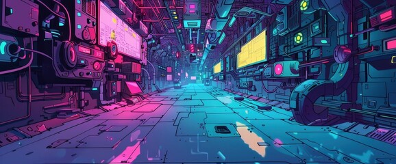Abstract Data Flow In A Cyberpunk Setting, Cartoon Style, Background