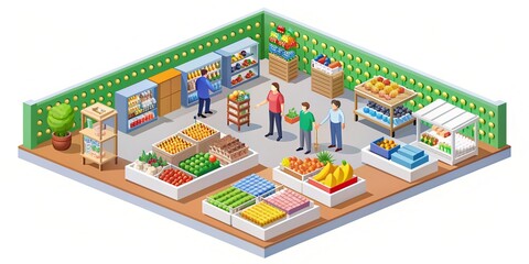 isometric shopping and food store with various products, , isometric, shopping, store, food, shop, products, groceries, supermarket, aisle, display, empty, interior, design, architecture