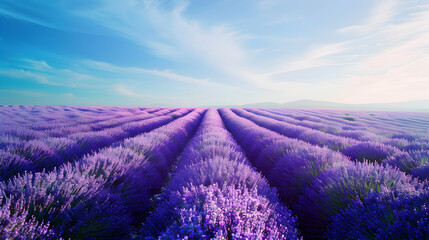 Serene lavender field in full bloom, stretching to the horizon with vibrant purple flowers, under a...