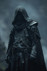 Villain archetype in dark robes and armor, set against a stormy background with space for copy.