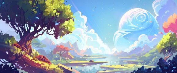 Abstract Data Spirals In A Serene Landscape, Cartoon Style, Background