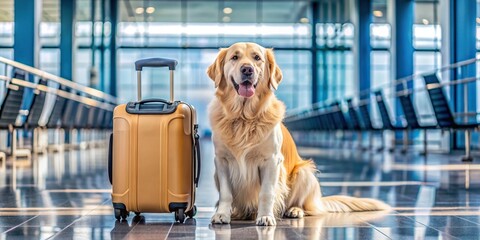 Golden retriever dog at the airport with luggage, ready to travel to a new city and country, airport, pet travel, dog, luggage, golden retriever, waiting, departure, journey