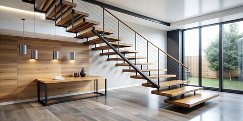 Modern elegant L shape wood cantilever stair with black, stairs, modern, elegant, L shape, wood, cantilever, black, architecture, design, interior, contemporary, minimalist, luxury, sleek
