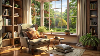 Cozy reading nook by window with open book on chair , cozy, inviting, reading nook, large window, sheer curtains, soft light, morning, open book, plush chair, overstuffed, cozy, inviting