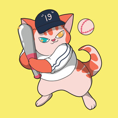 cat playing baseball. holding a baseball bat and the ball coming towards him