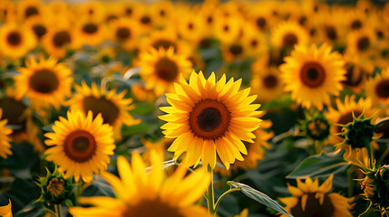 Obraz premium Expansive sunflower field in full bloom, with bright yellow flowers stretching as far as the eye can see under a clear sky