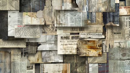 Creative collage art from old newspapers featuring diverse fonts and aged paper