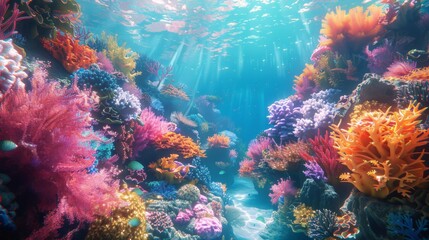 Underwater World: Depict an enchanting underwater world with colorful coral reefs, exotic marine life, and clear blue waters, perfect for aquatic-themed projects and conservation campaigns.