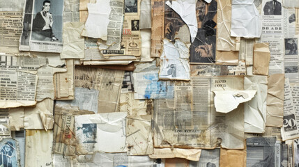 Artistic collage made from old ripped newspapers with various fonts and discolored paper