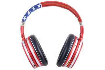 A pair of red and white headphones with a red stripe and stars
