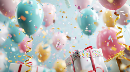 Celebrate Christmas with a festive curtain, gift box, and golden balloons.