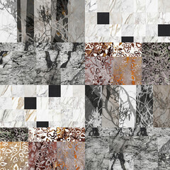 Beautiful patchwork mosaic made of several natural marbles and stones. Retro backdrop.