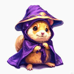 Cute Hamster wizard cartoon character wearing magic robe and magic hat. Chibi hamster magician