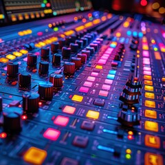 Fototapeta premium Close-up view of audio console with colorful buttons and displays, blurred background, mixing panel focus, creating a sense of professional atmosphere in music production style.